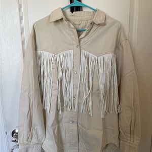 Cream Jean Jacket with Fringe Detail